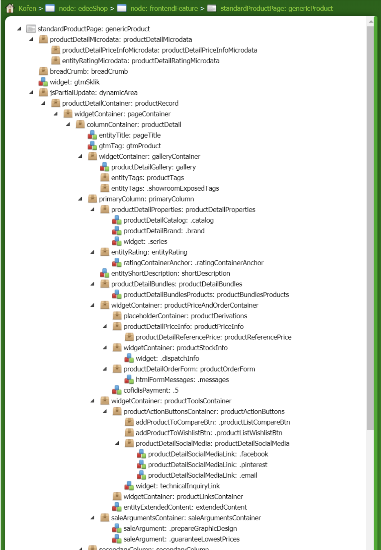 vizualizace stromové struktury komponent UI CMS Edee.one